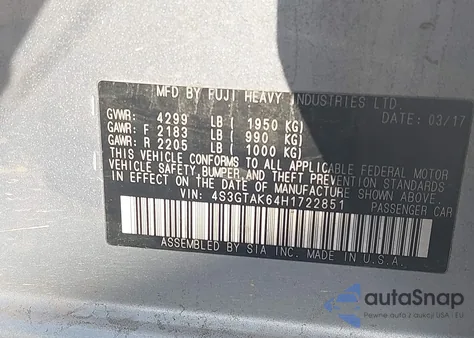 2017 Subaru Impreza 2.0I Sport from USA, damaged, VIN 4S3GTAK64H1722851